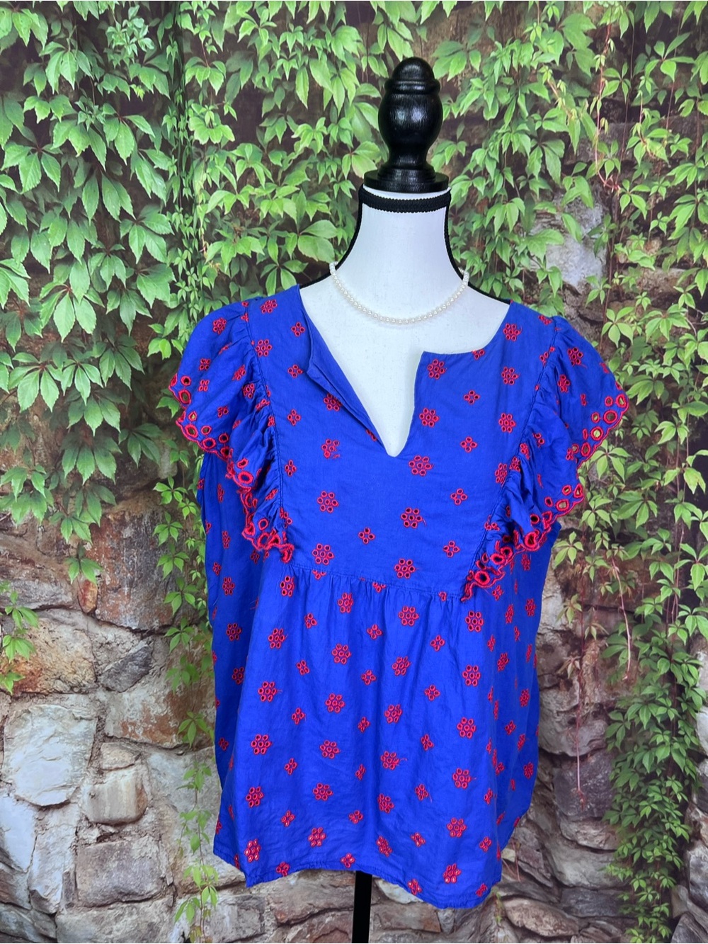 JW STYLE Bohemian Resortwear Blue Ruffled Sleeve Tope with Red Embroidery, XL - Picture 2 of 12